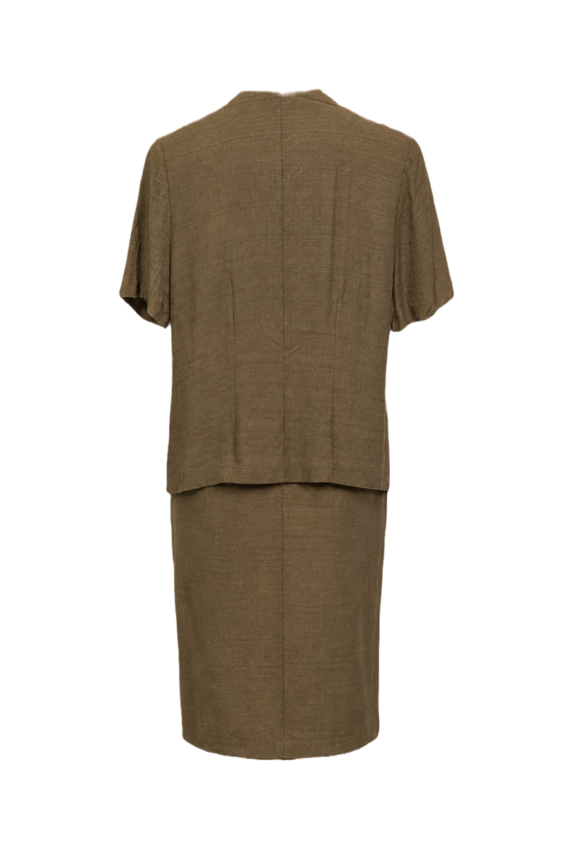 1960s Olive Green Synthetic Blend Blouse + Skirt Set - Back View