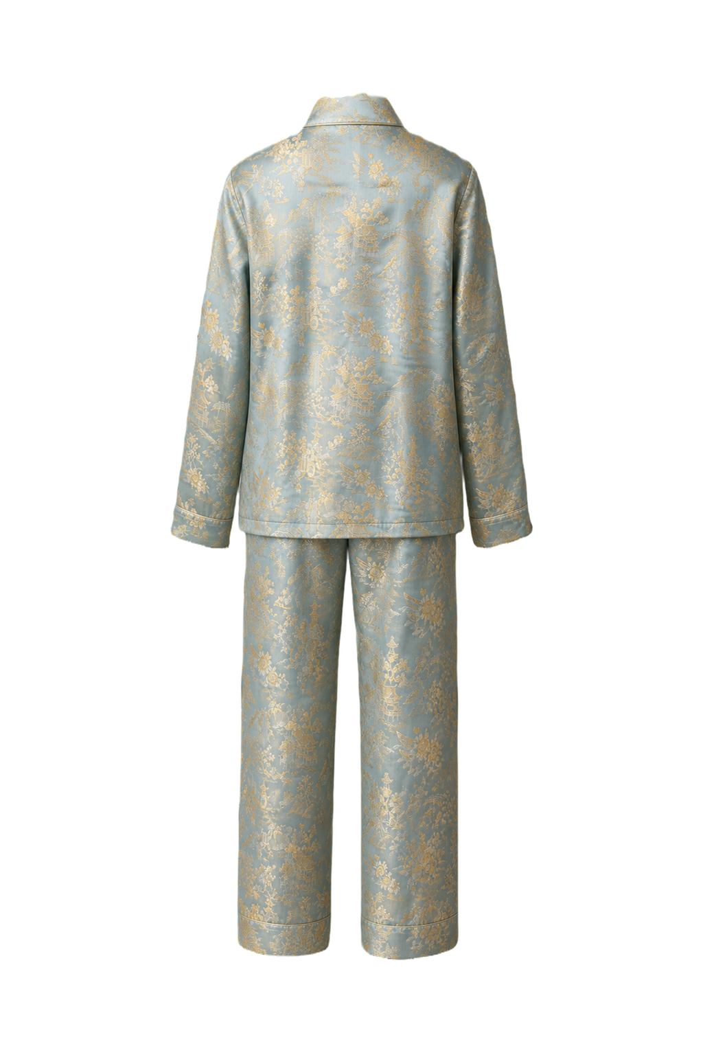 1970s Light Blue Silk Brocade Jacket and Pants Set - Back View