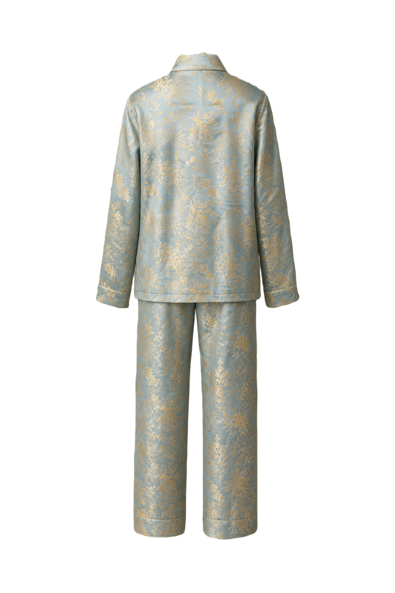 1970s Light Blue Silk Brocade Jacket and Pants Set - Back View