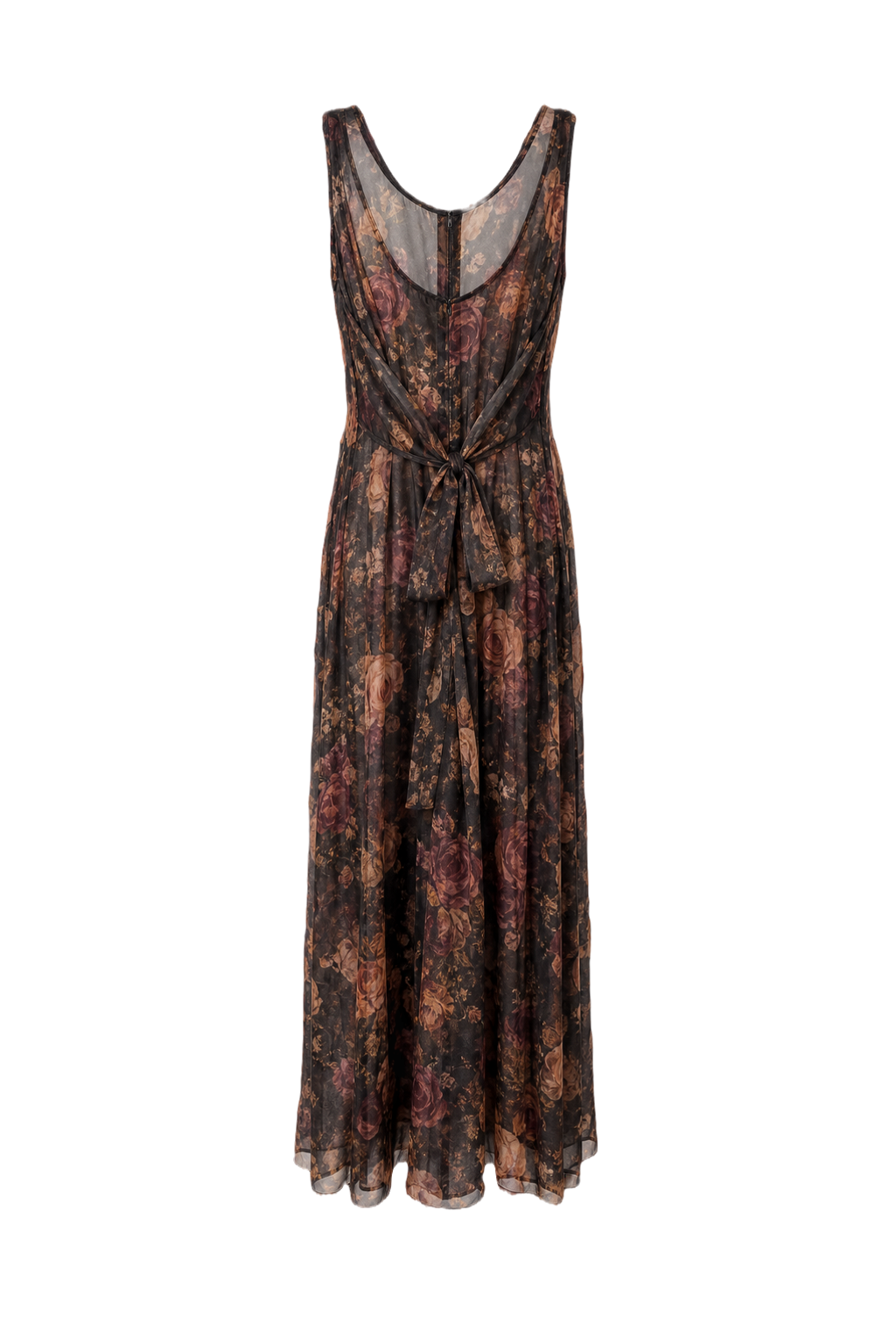 1990s Dark Floral Polyester Maxi Dress - Back View