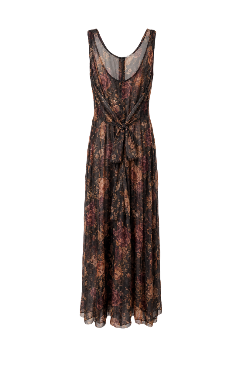 1990s Dark Floral Polyester Maxi Dress - Back View