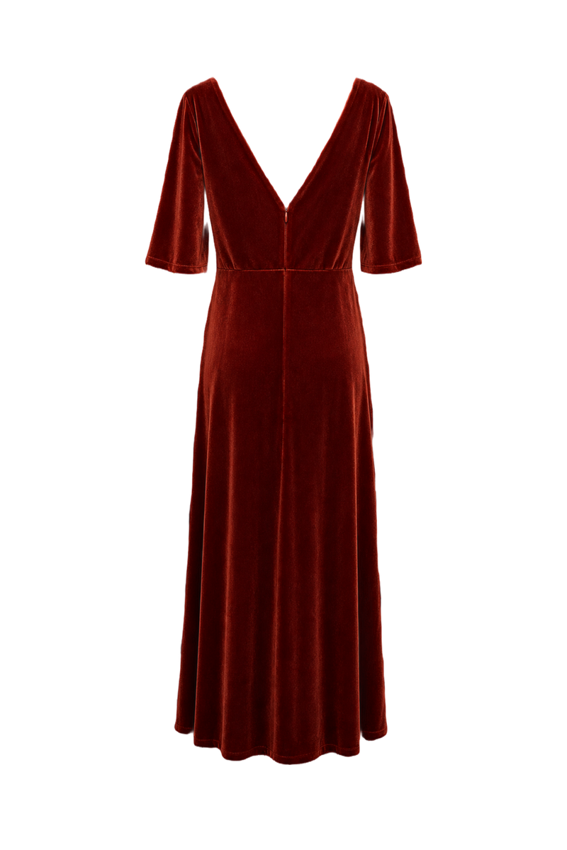 1980s Rust Velvet Maxi Dress - Back View