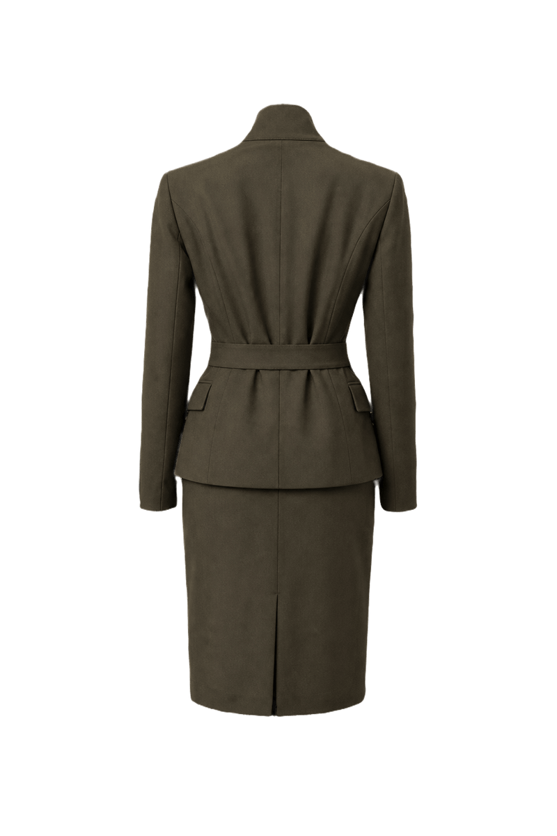 1980s Olive Green Wool Blend Blazer and Skirt Set - Back View