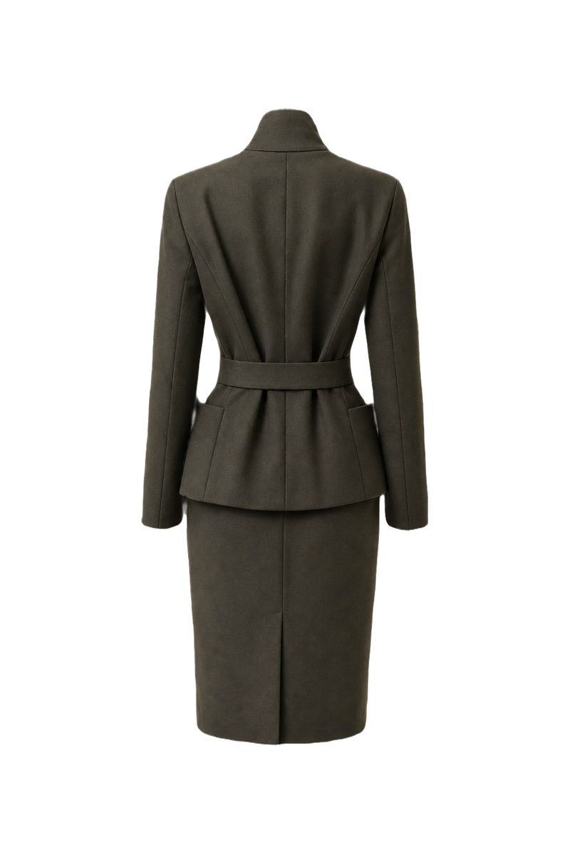 1980s Olive Green Wool Blend Skirt Suit - Back View