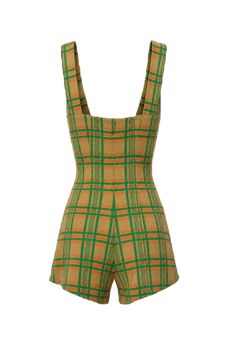 1970s Green Plaid Smooth Swimsuit - Back View