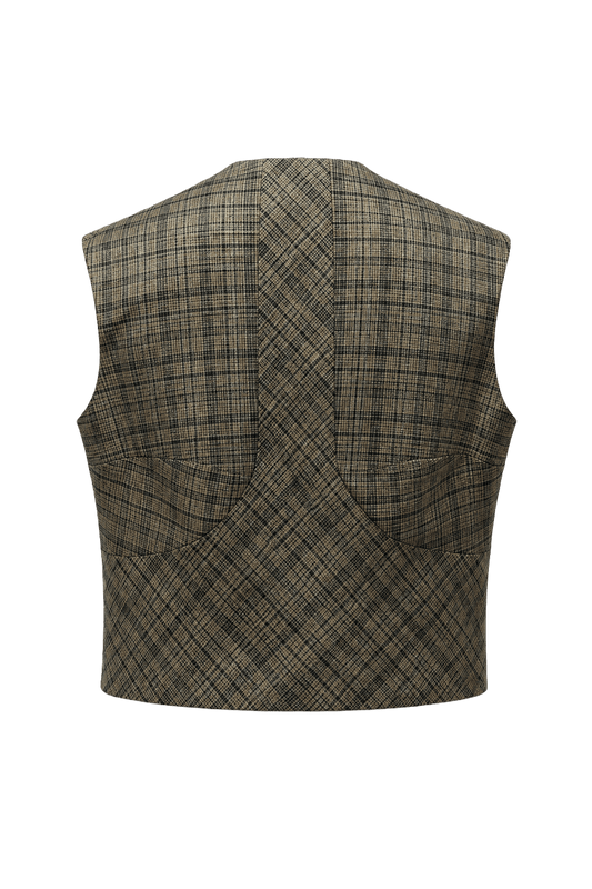 1950s Grey Plaid Smooth Vest - Back View