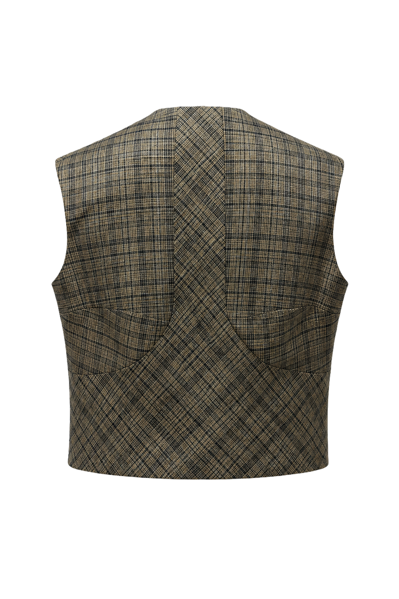 1950s Grey Plaid Smooth Vest - Back View