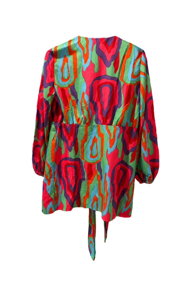 1980s Multicolor Synthetic Blend Wrap Top - Back View