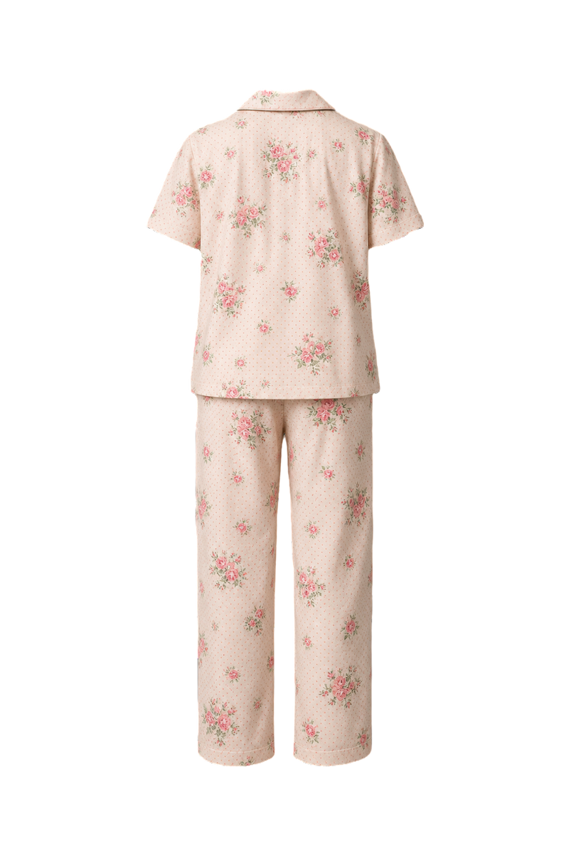 1970s Cream with Pink Floral Cotton Blend Pajama Set - Back View