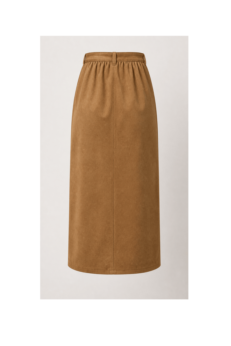 1990s Camel Tan Cotton Blend Skirt - Back View