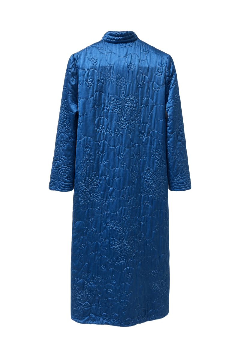 1970s Bright Blue Satin Coat - Back View