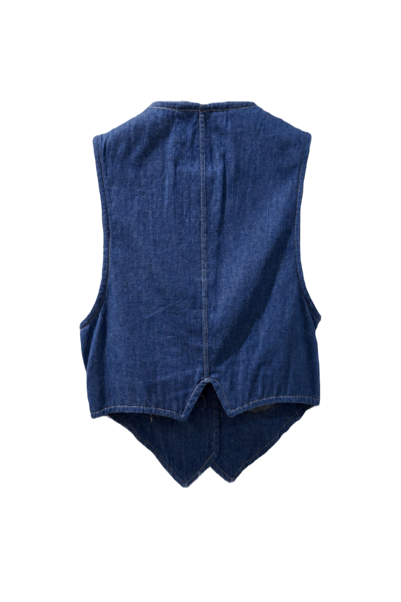 1980s Blue Denim Fitted Vest - Back View