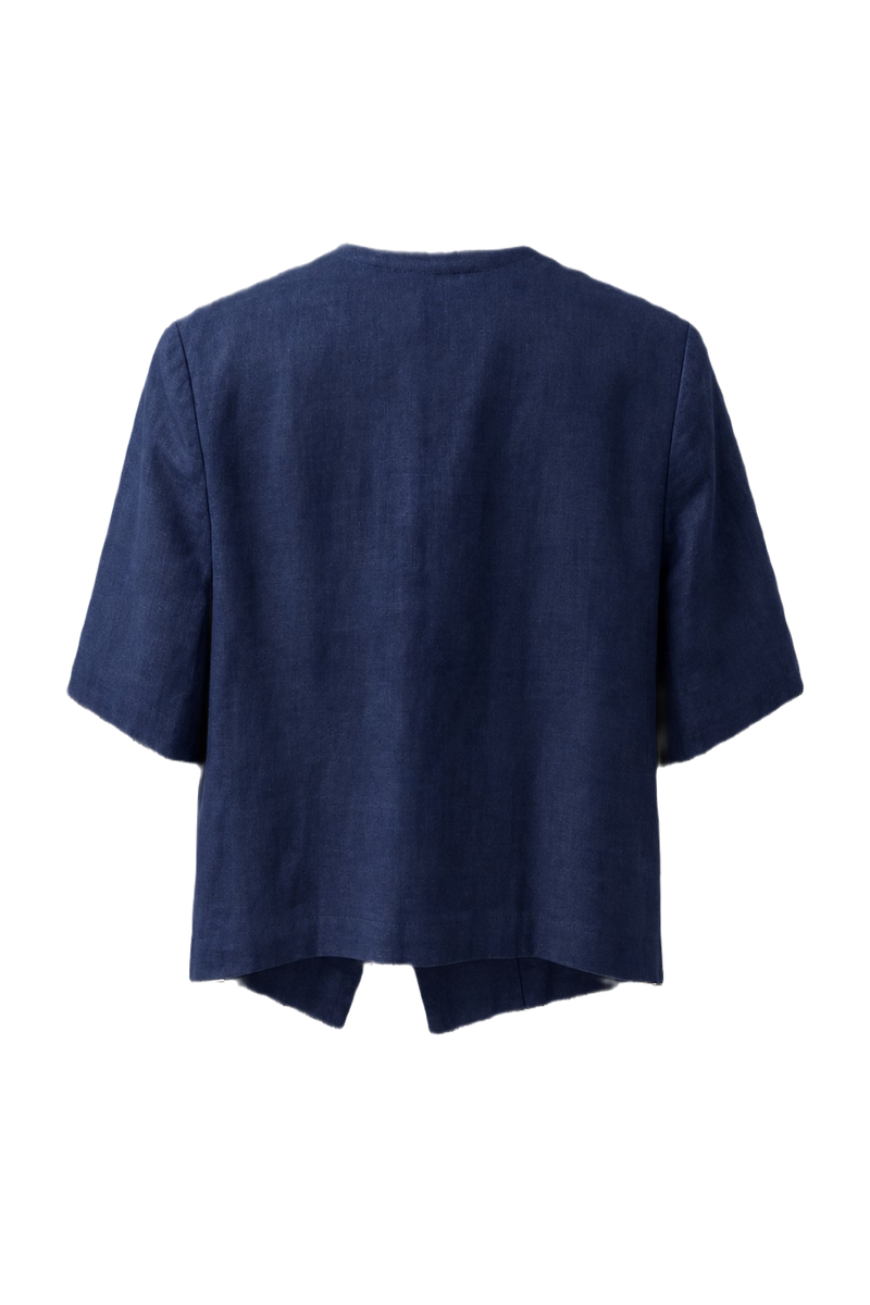 1980s Navy Blue Linen Blazer - Back View