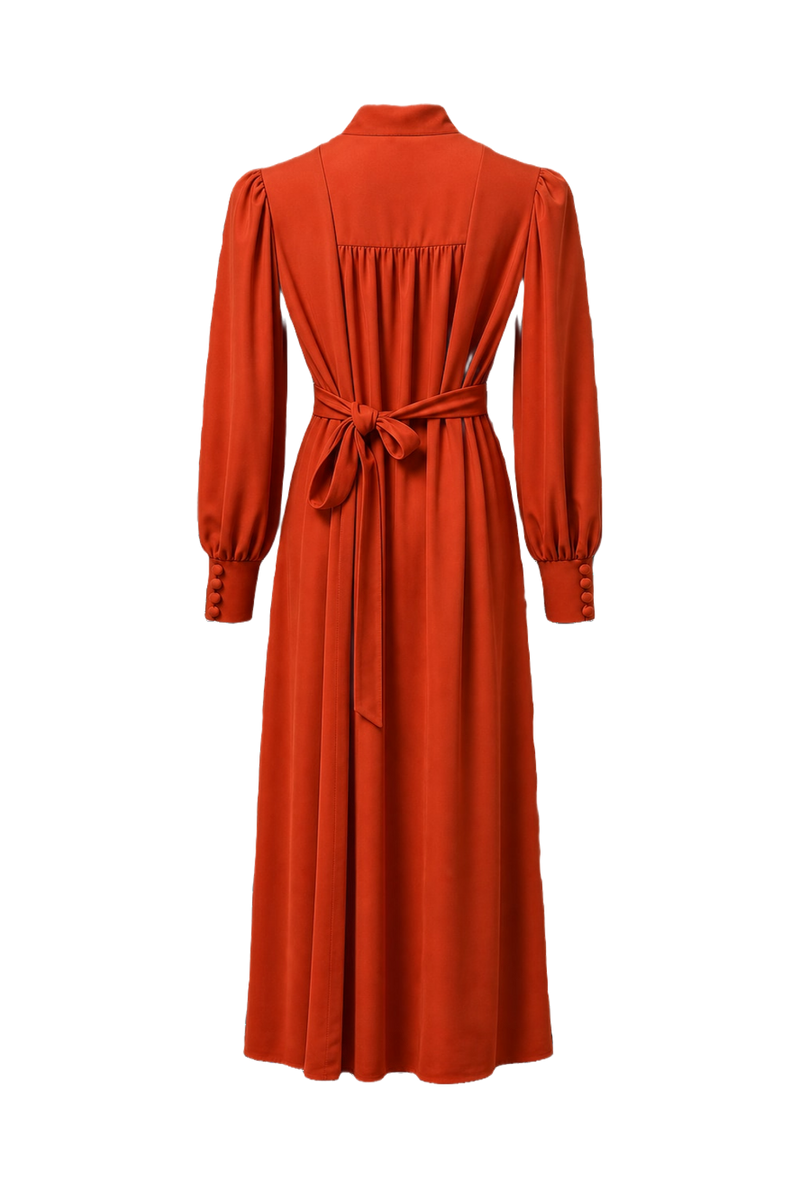 1970s Red-Orange Synthetic Blend Maxi Dress - Back View