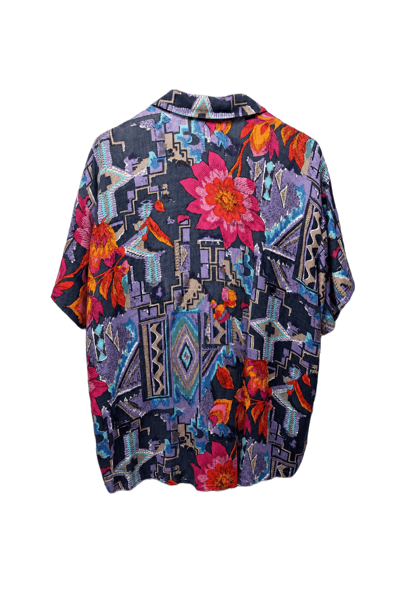 1990s Navy Blue Rayon Blouse - Back View