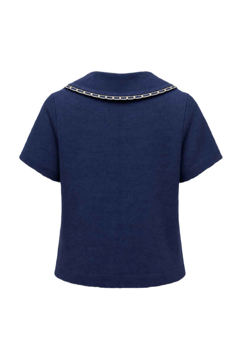 1970s Navy Blue Knit Blouse - Back View