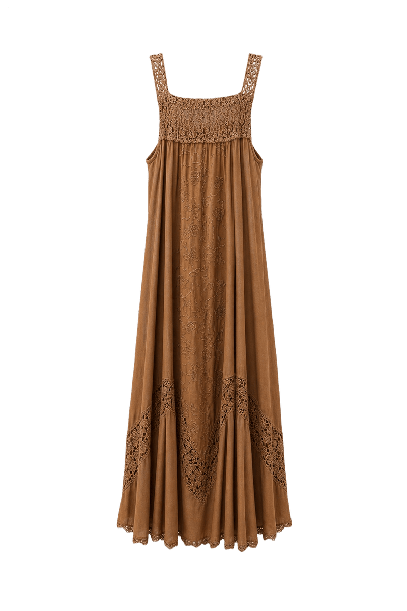 1970s Beige Cotton Blend Maxi Dress - Back View