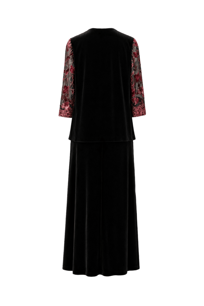 1980s Black Velvet Floral Print Jacket and Dress - Back View