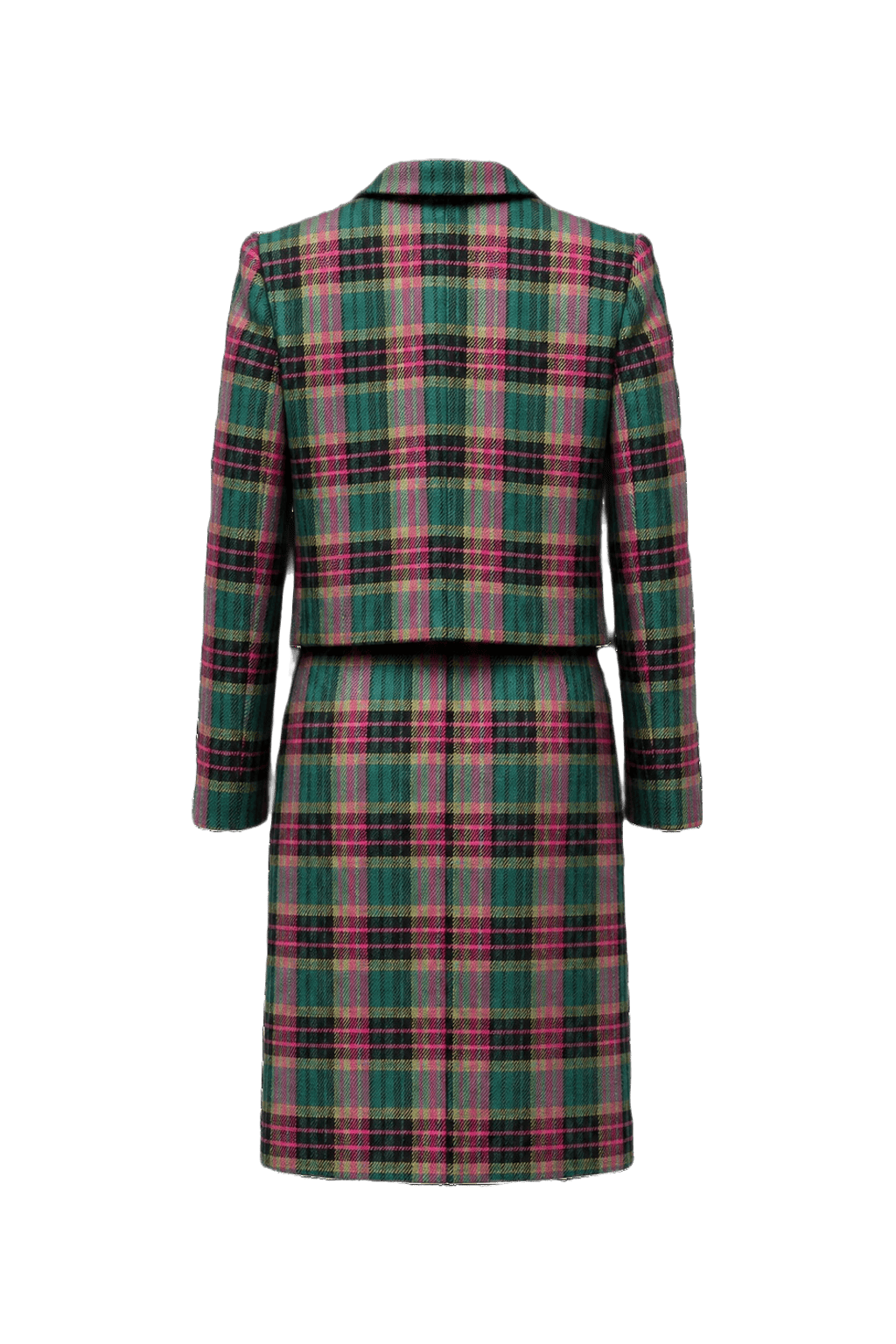 1980s Green and Pink Plaid Wool Blazer and Skirt Set - Back View