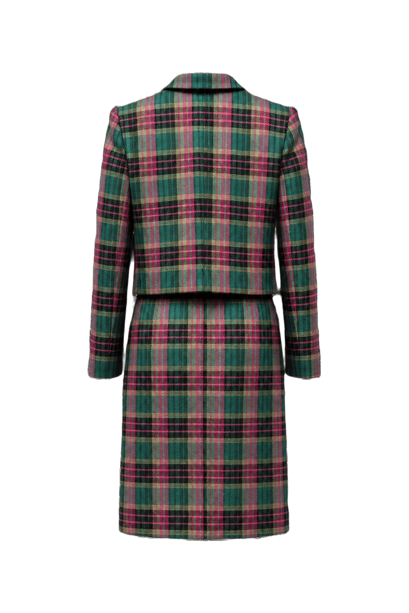1980s Green and Pink Plaid Wool Blazer and Skirt Set - Back View