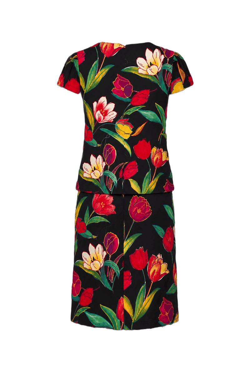 1980s Black Floral Cotton Blend Blouse and Skirt Set - Back View