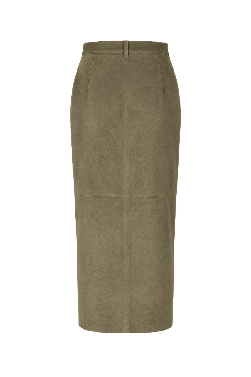 1990s Olive Green Suede Midi Skirt - Back View