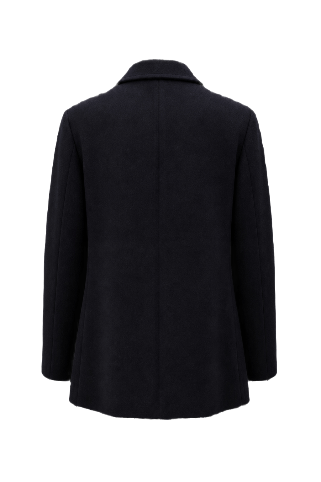 A navy blue wool coat with a structured silhouette featuring gold buttons and a  - Back View