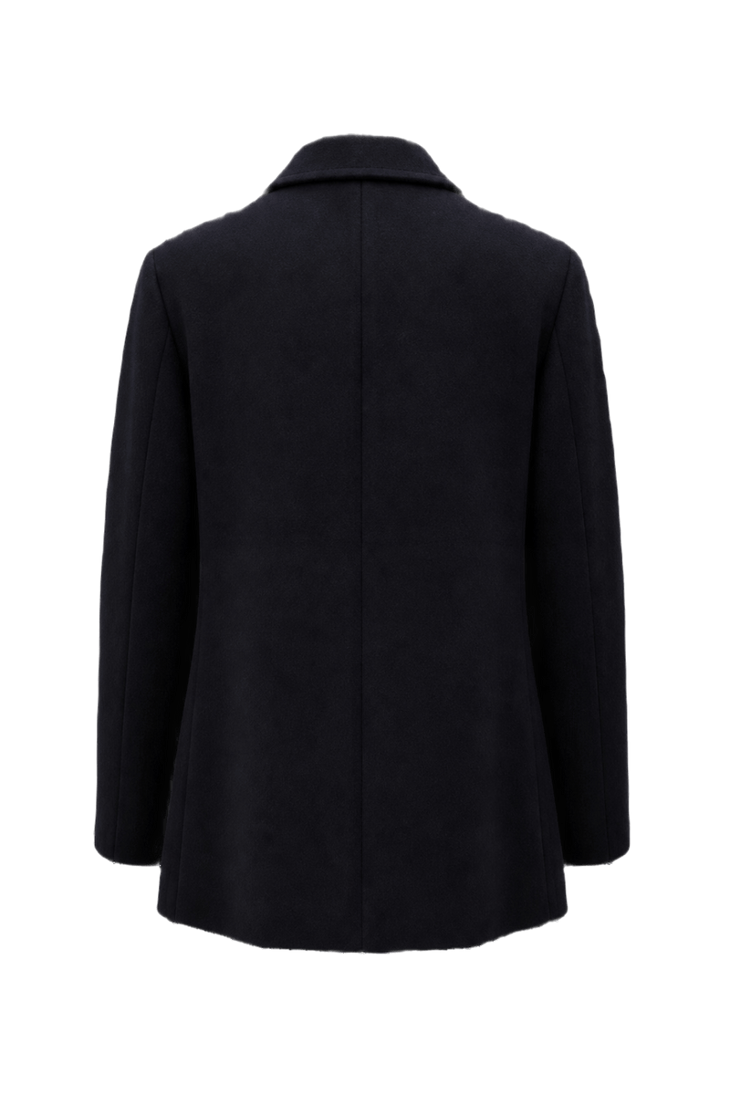 A navy blue wool coat with a structured silhouette featuring gold buttons and a  - Back View