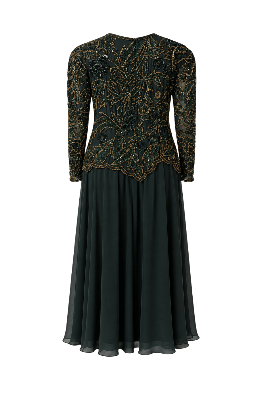 1980s Dark Green Silk Chiffon Gown - Back View