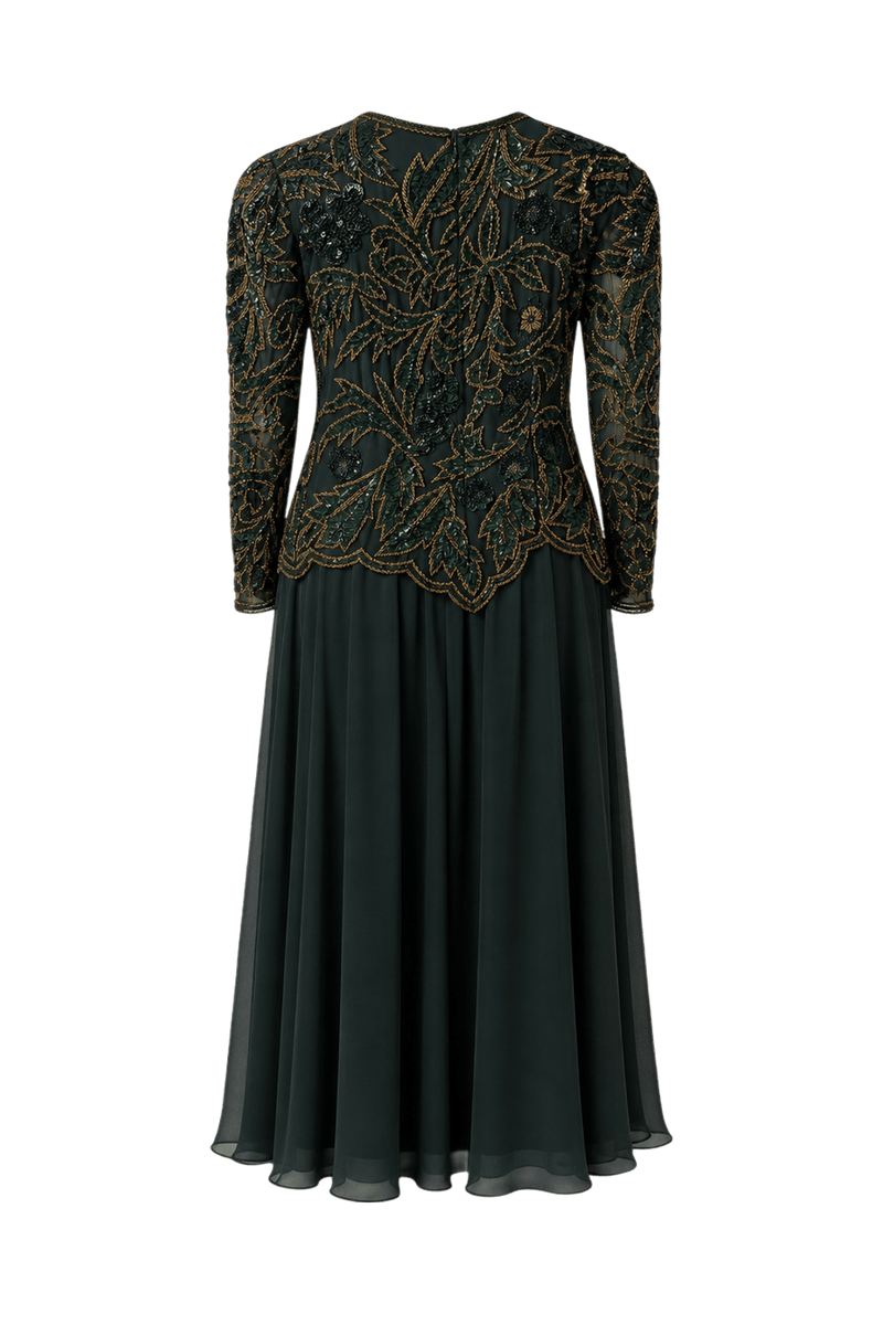 1980s Dark Green Silk Chiffon Gown - Back View