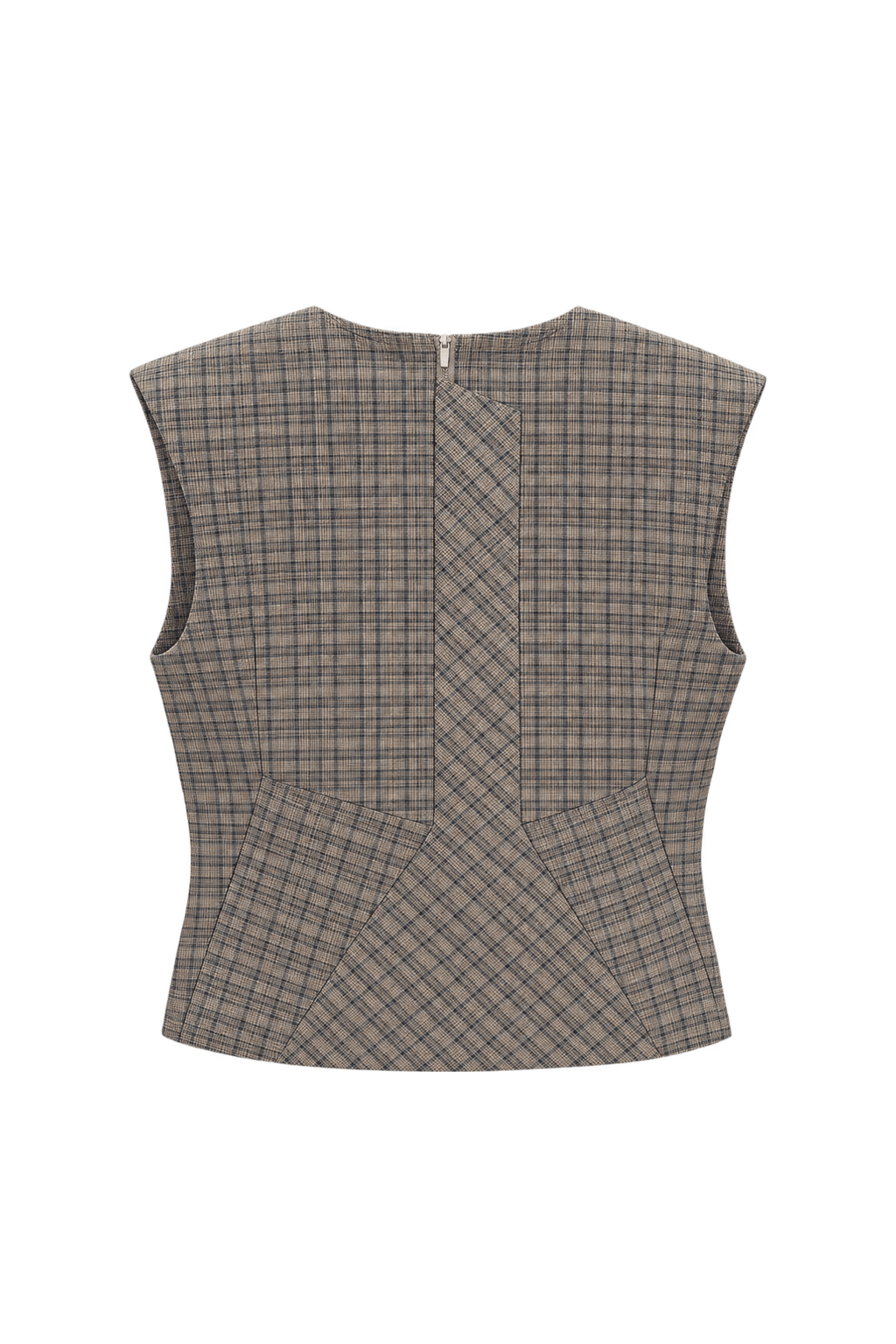 1980s Neutral Plaid Cotton Blend Sleeveless Blouse - Back View