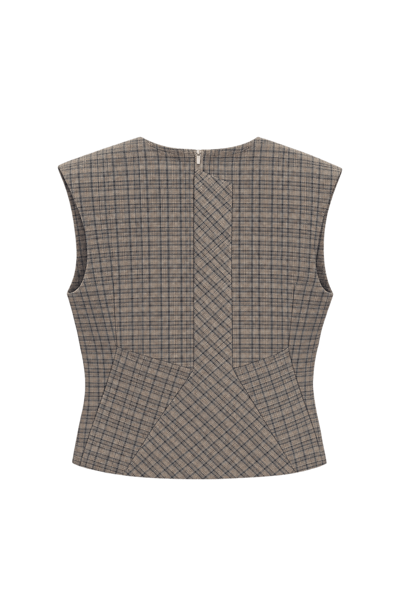 1980s Neutral Plaid Cotton Blend Sleeveless Blouse - Back View