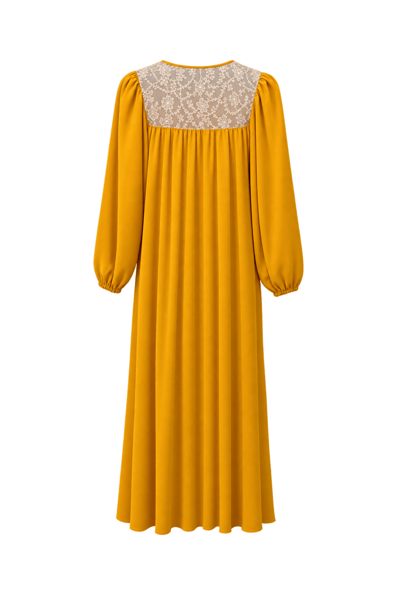 1970s Mustard Yellow Polyester Blend Maxi Dress - Back View