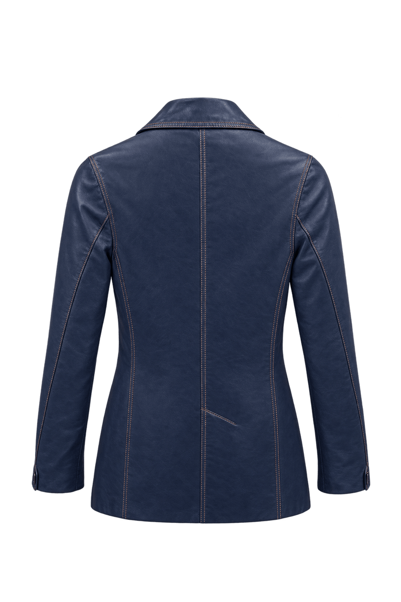 1970s Navy Blue Leather Jacket - Back View
