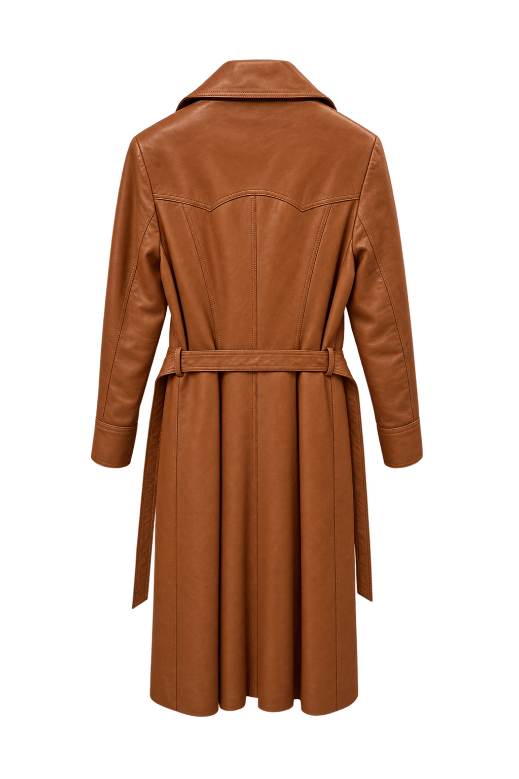 1970s Cognac Brown Leather Trench Coat - Back View
