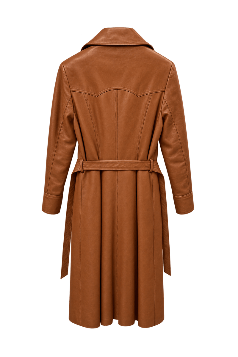 1970s Cognac Brown Leather Trench Coat - Back View
