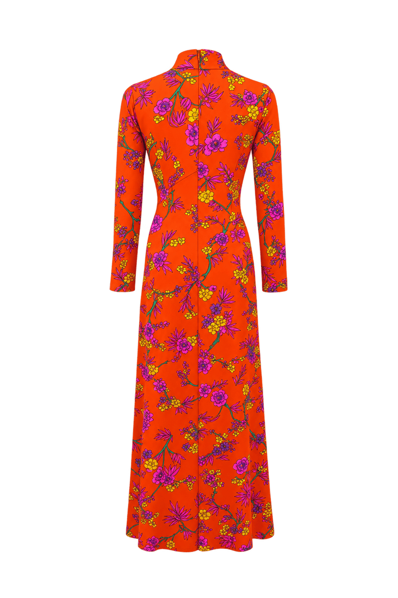 1980s Vivid Orange Synthetic Maxi Dress - Back View
