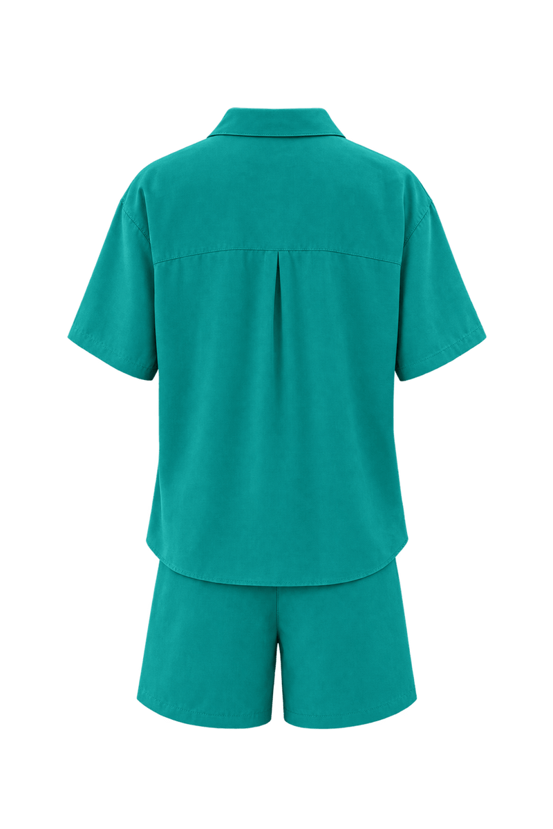 1960s Bright Teal Fluid Woven Fabric Shirt and Shorts Set - Back View