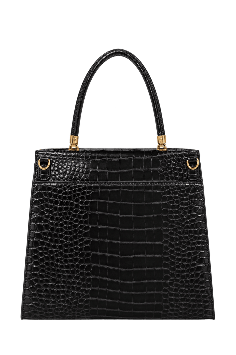 1970s Black Embossed Leather Handbag - Back View