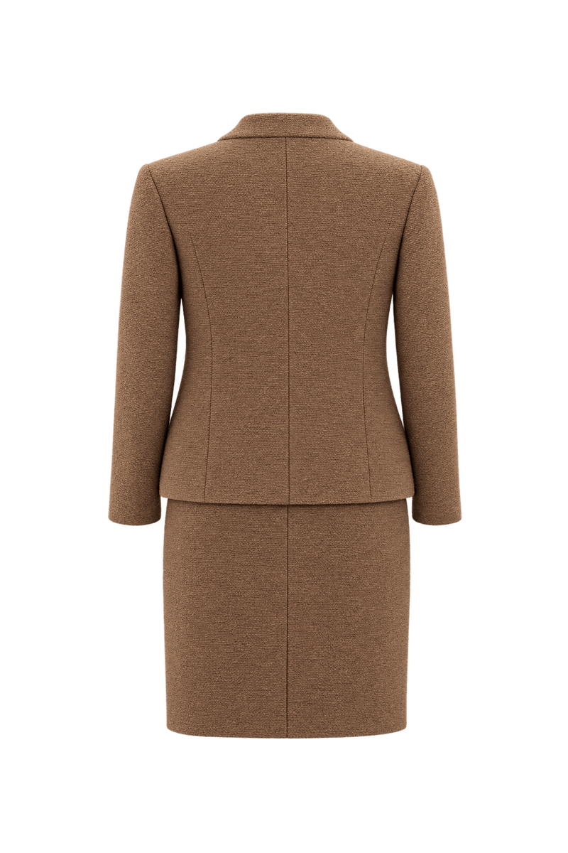 1970s Camel Brown Textured Woven Skirt Suit - Back View