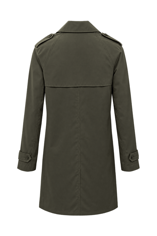 1990s Dark Olive Green Smooth Woven Trench Coat - Back View