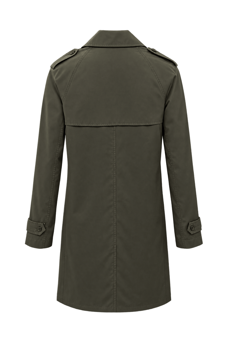 1990s Dark Olive Green Smooth Woven Trench Coat - Back View