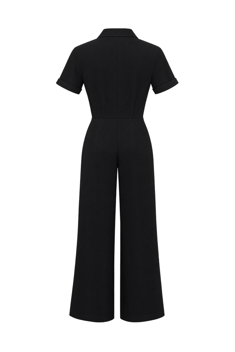 1990s Black Smooth Fabric Jumpsuit - Back View