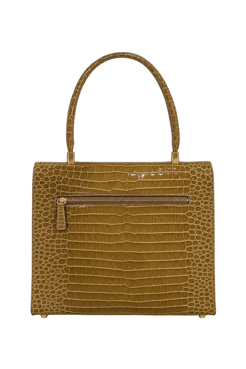 1950s Olive Brown Embossed Leather Handbag - Back View