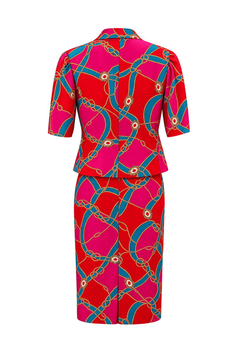 1980s Bright Red Silky Woven Jacket and Skirt Set - Back View