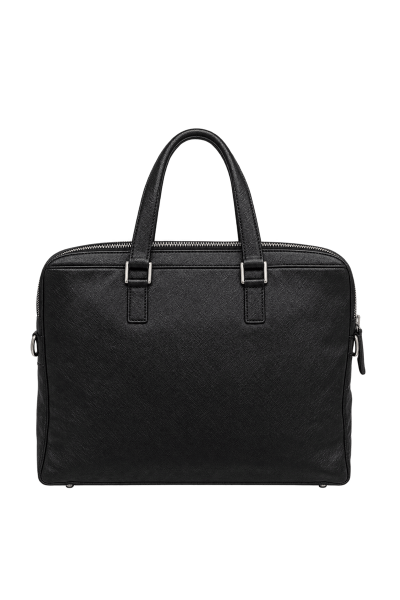 2000s Black Textured Leather Briefcase - Back View