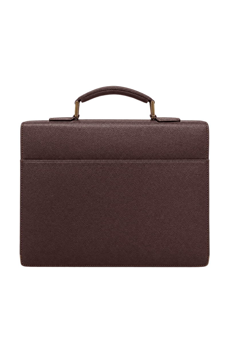 1990s Dark Burgundy Brown Grained Leather Briefcase - Back View