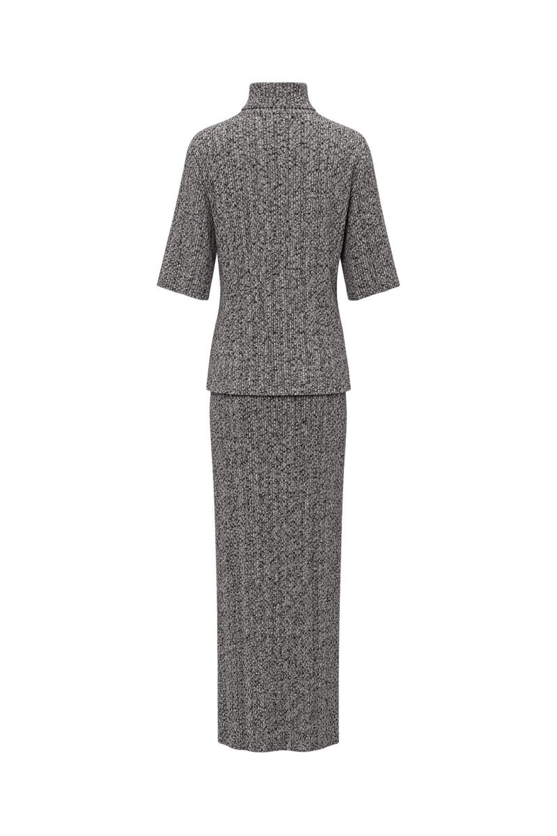 1990s Marled Grey Ribbed Knit Matching Top and Skirt Set - Back View