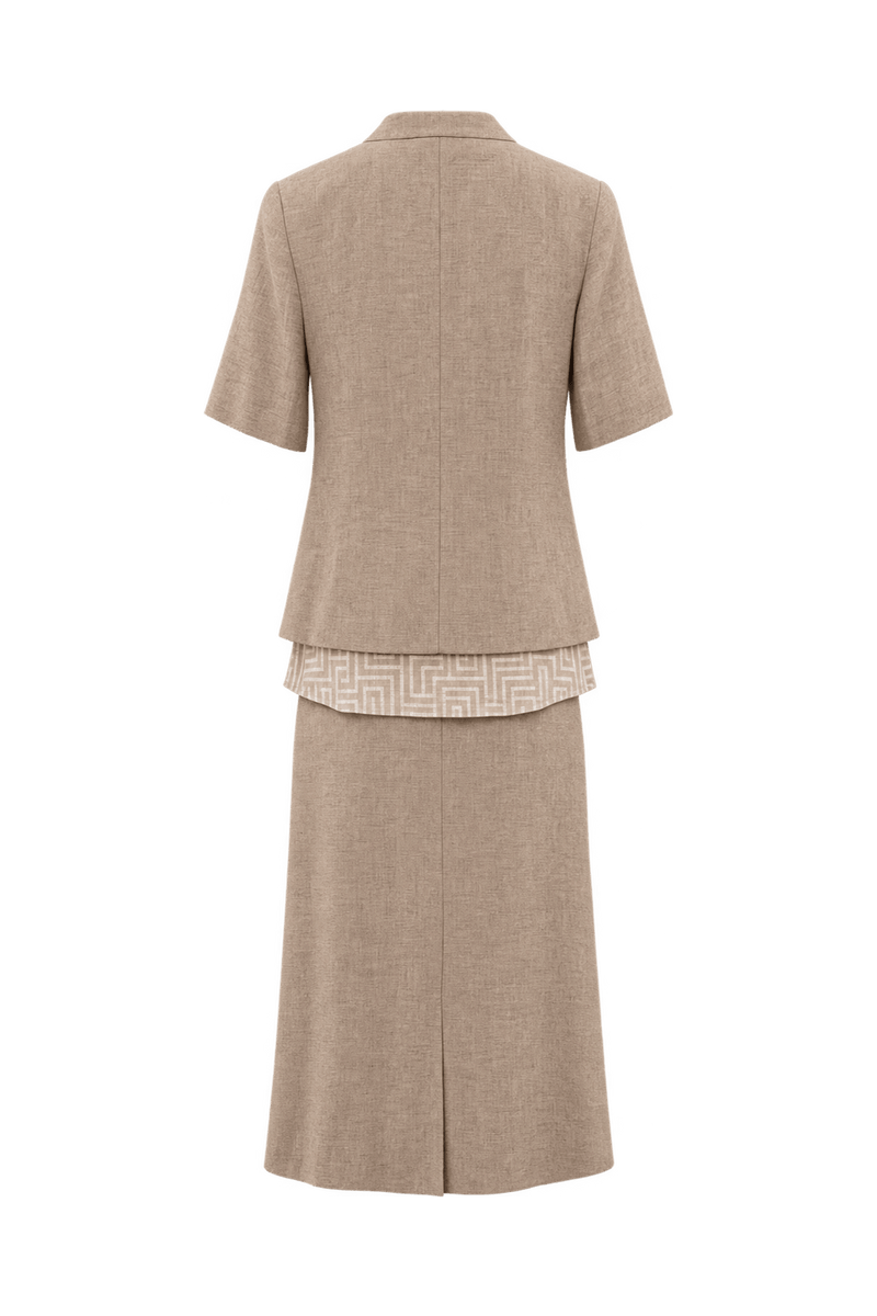 1970s Oatmeal Beige Linen-Look Three-Piece Skirt Set - Back View