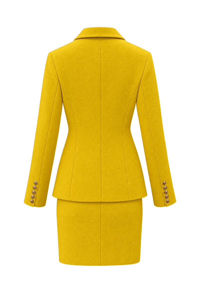 1980s Bright Golden Yellow Woven Fabric Skirt Suit - Back View
